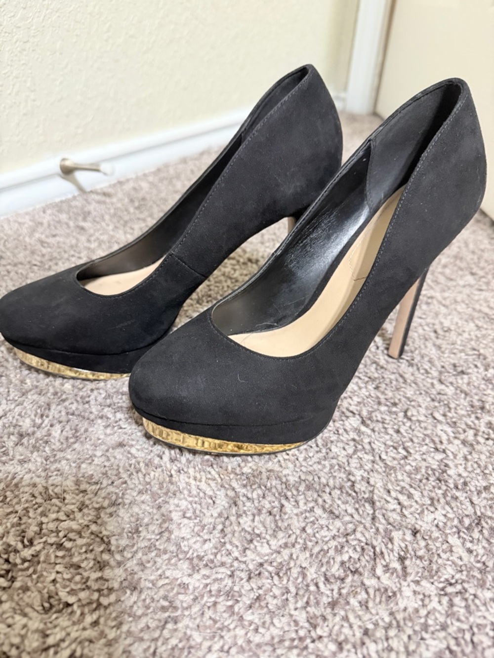 Aldo Black Suede High Heels with Gold Platform Trim